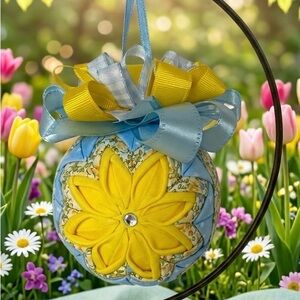 Blue and Yellow Floral Flower Ribbon Bow Holiday Christmas Ornament